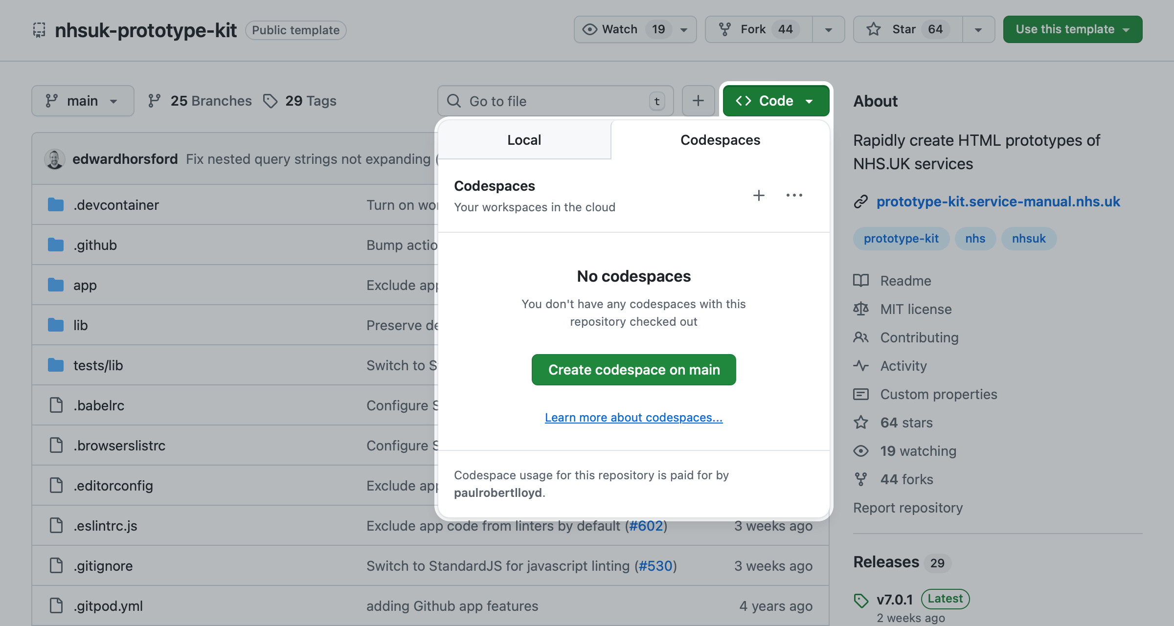 Screenshot of the location of create a codespace on main button