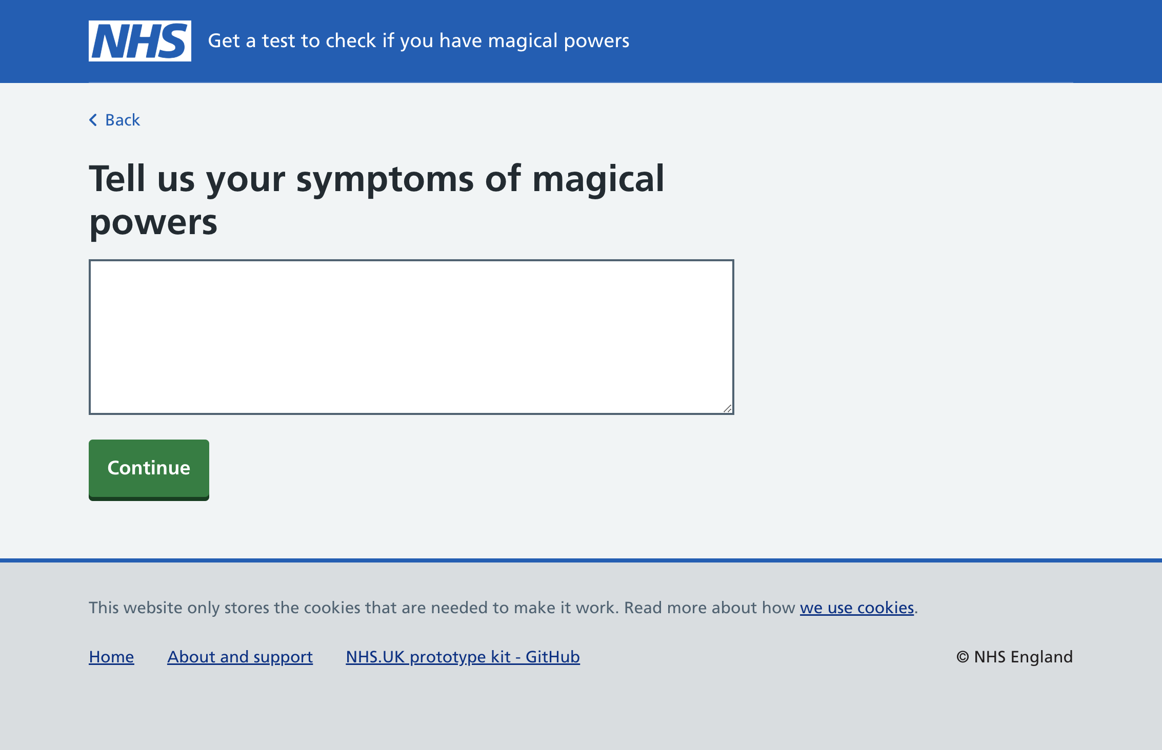 Web page with the heading "Tell us your symptoms of magical powers", a textarea and continue button